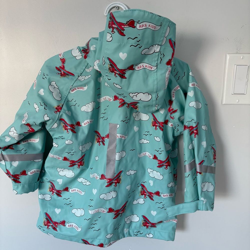 HAS Kids Airplane Print Hooded Raincoat - Teal/Red - Size 4T - Picture 2 of 4